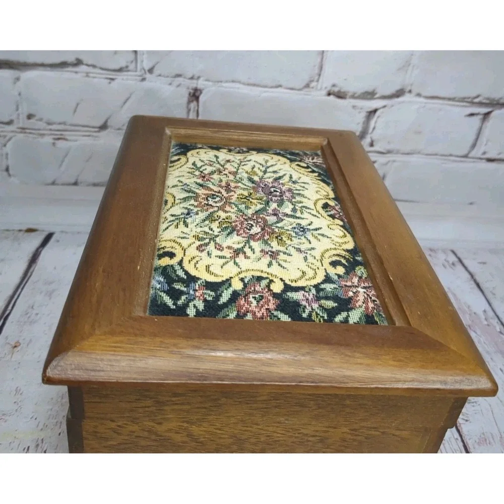 Vintage Music Wood Jewelry Box Tapestry Top Made In‎ Japan